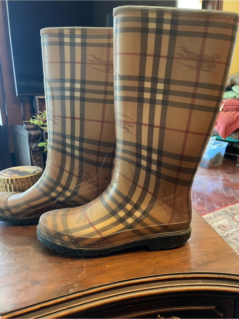 Burberry Tan Plaid Knee-High Rain Boots